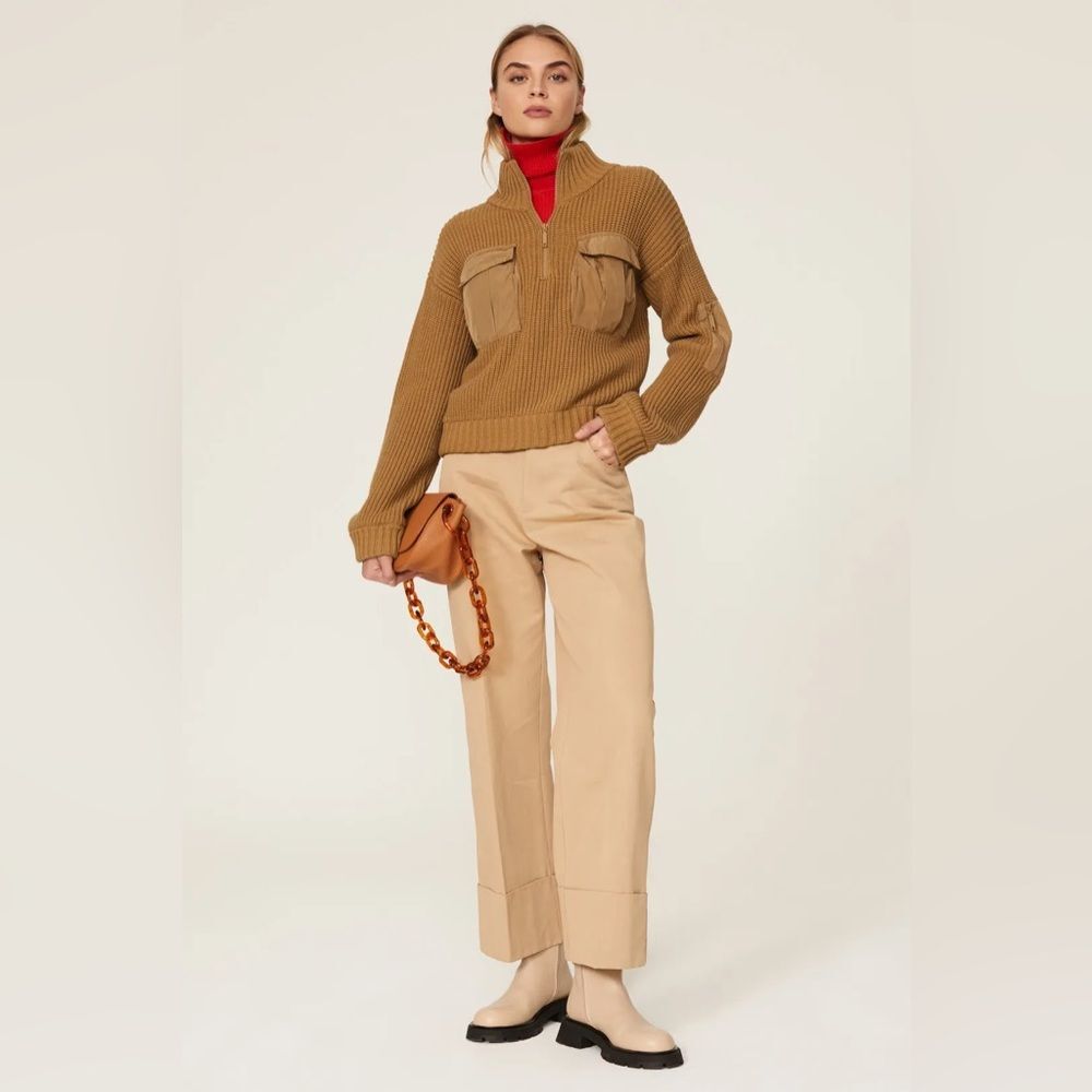 BAUM UND PERFGARTEN Clyde 1/4 zip Cargo Wool Blend Sweater in Camel XS NWOT